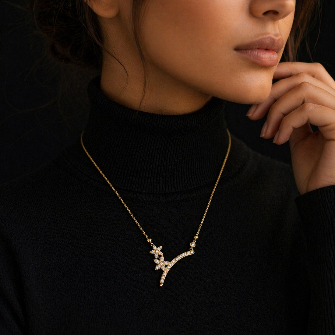 Fozia Floral Curve Crystal Pendant Necklace – Women Jewelry