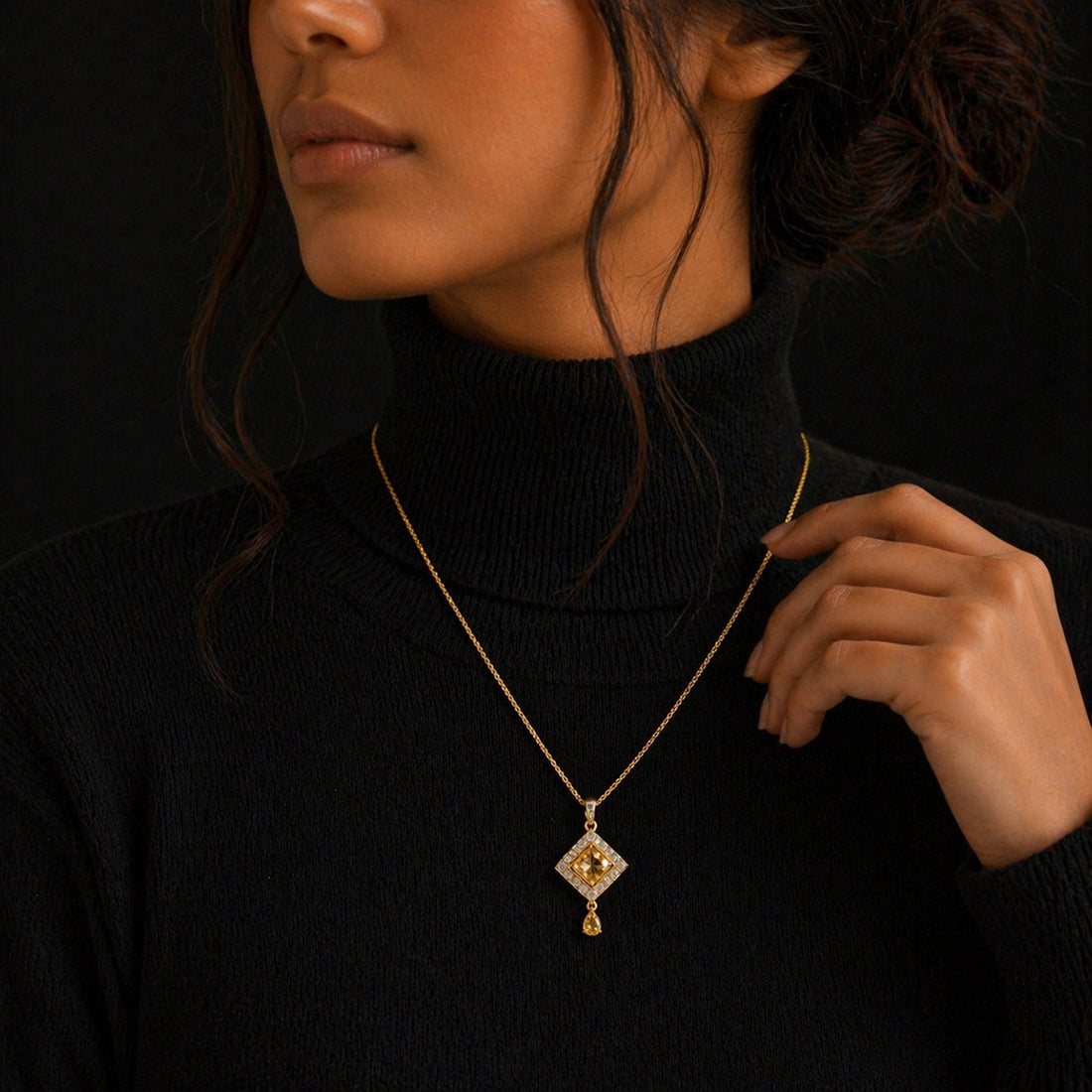 Fozia Golden Square Crystal Drop Pendant Necklace – Women Jewelry