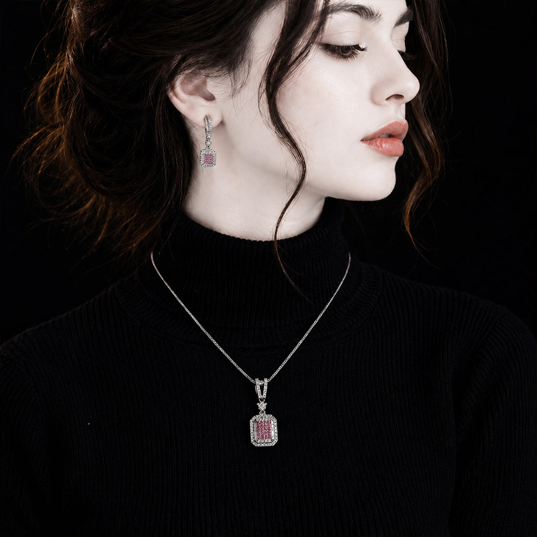 Fozia Pink Crystal Pendant Necklace Set – Stylish Jewelry
