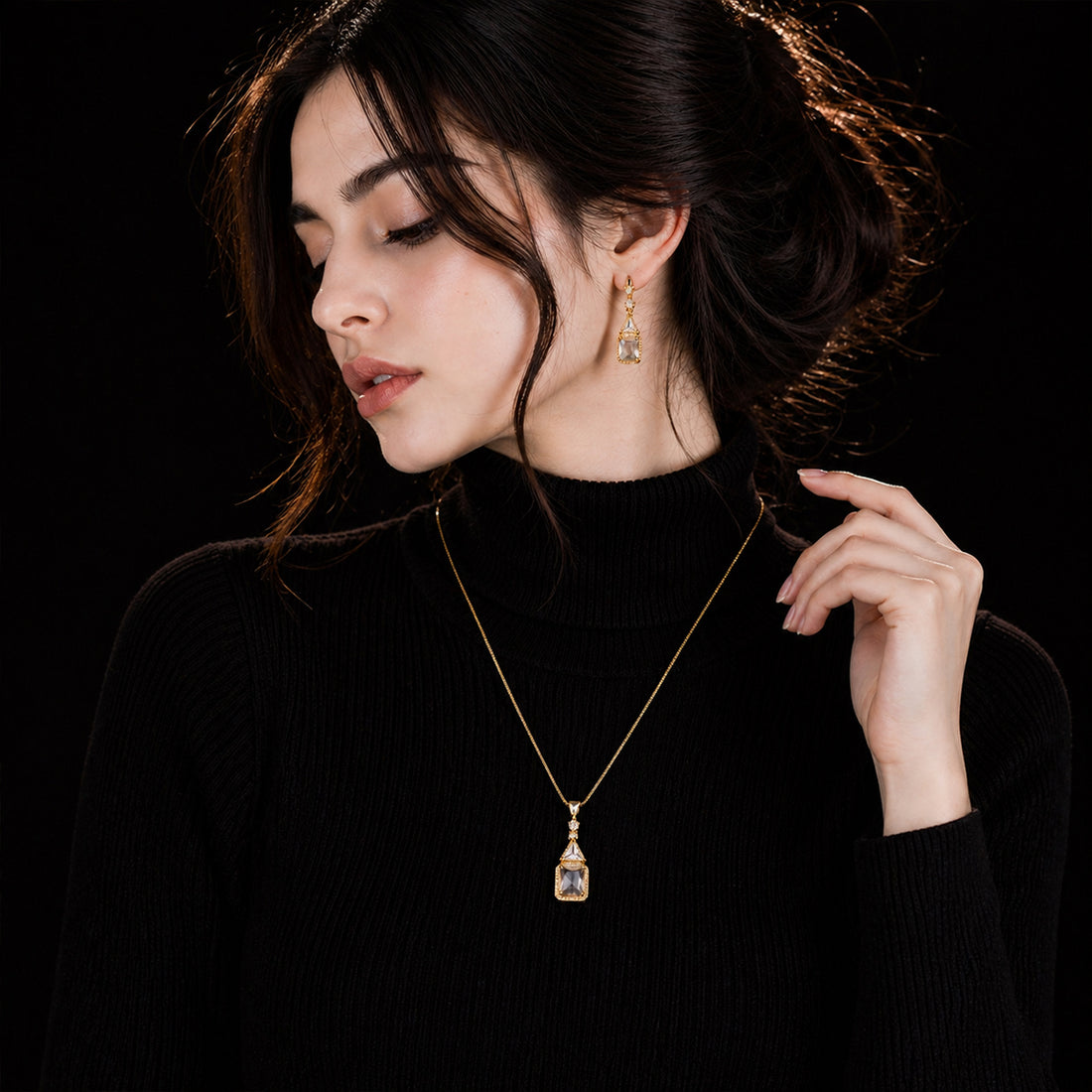 Fozia Crystal Frame Pendant Necklace Set – Modern Women Jewelry