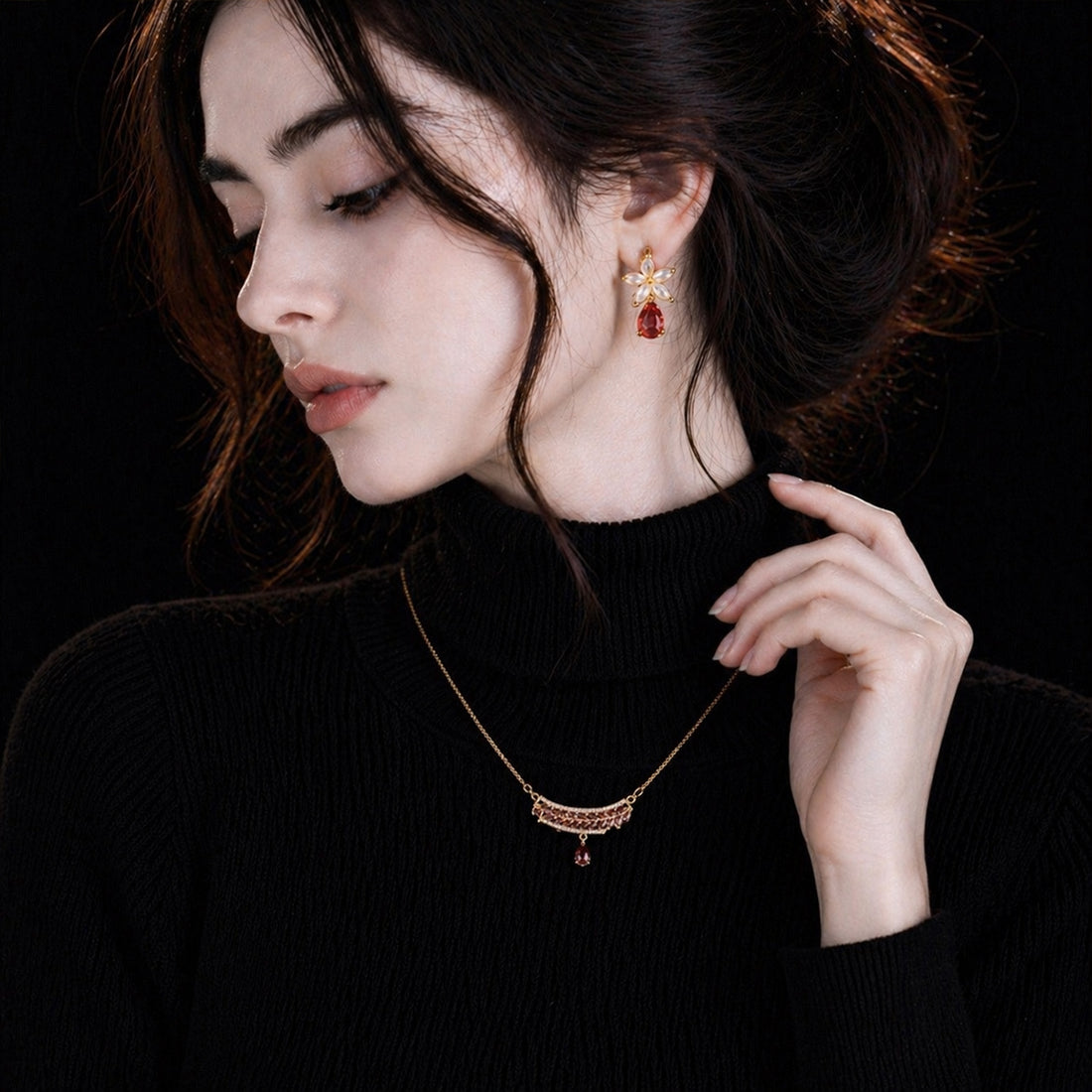 Fozia Ruby Floral Drop Necklace Set – Luxury Party Jewelry