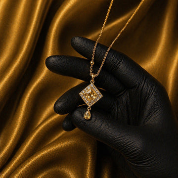 Fozia Golden Square Crystal Drop Pendant Necklace – Women Jewelry