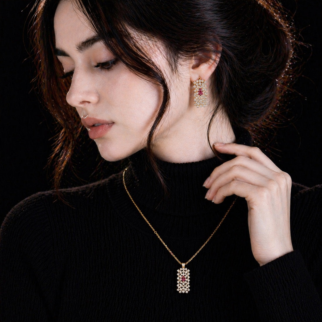 Fozia Golden Crystal Rectangle Necklace Set – Modern Jewelry