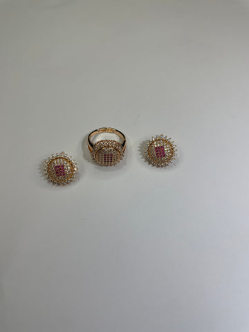 Fozia Ruby Halo Crystal Ring & Earrings Set – Elegant Jewelry