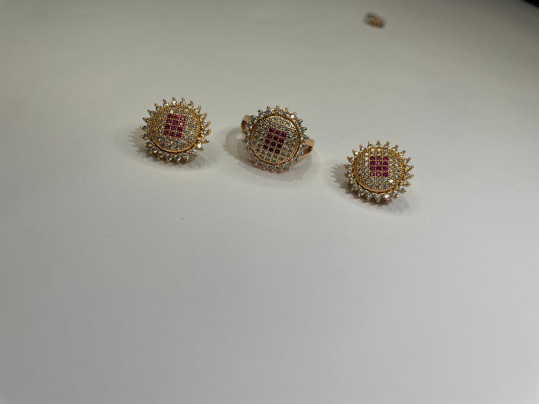 Fozia Ruby Halo Crystal Ring & Earrings Set – Elegant Jewelry