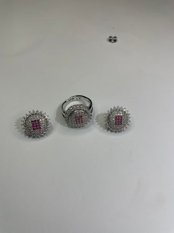 Fozia Pink Halo Crystal Ring & Earrings Set – Women Fashion Jewelry